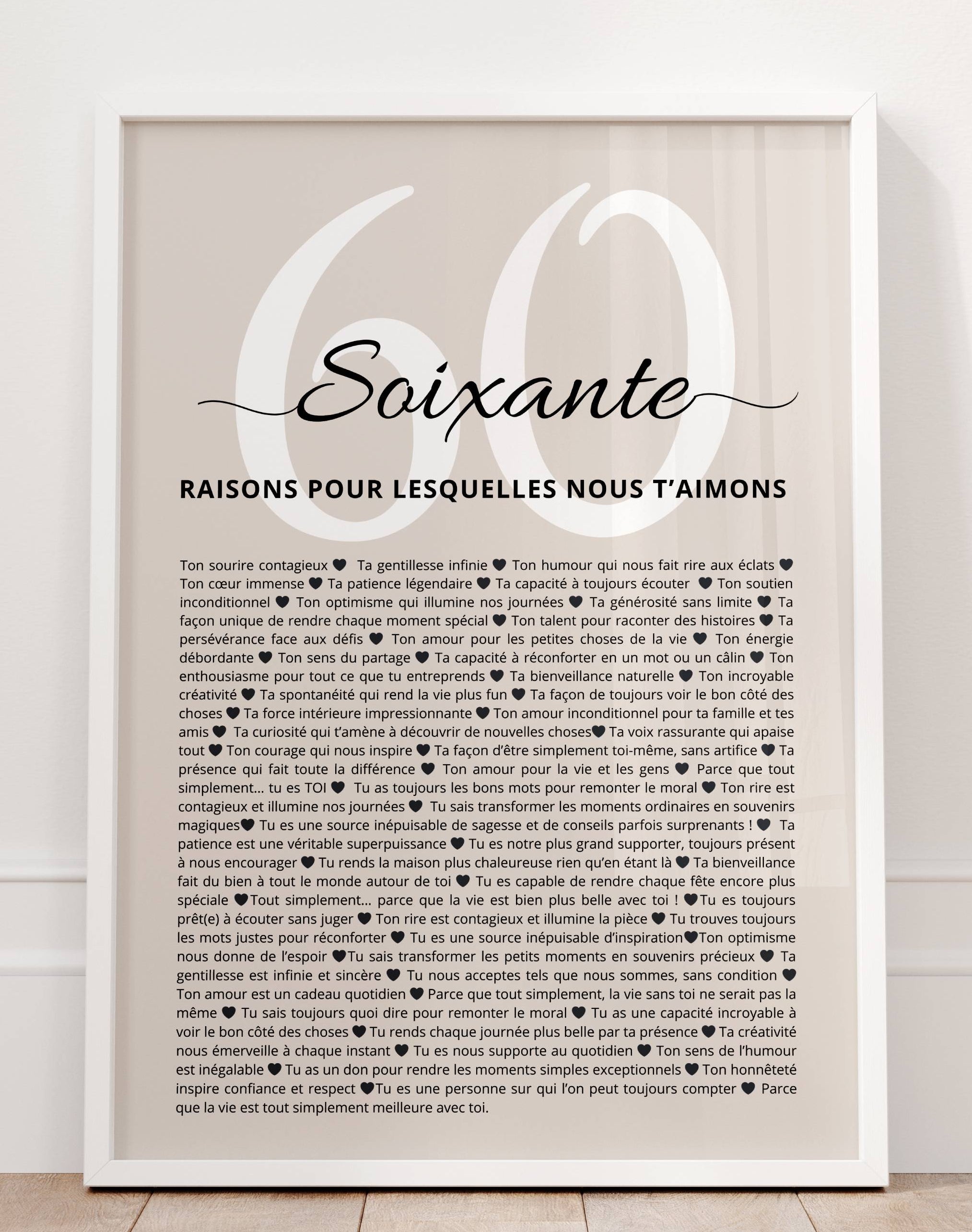 Poster cadeau 60 ans personnalisé – fond greige élégant