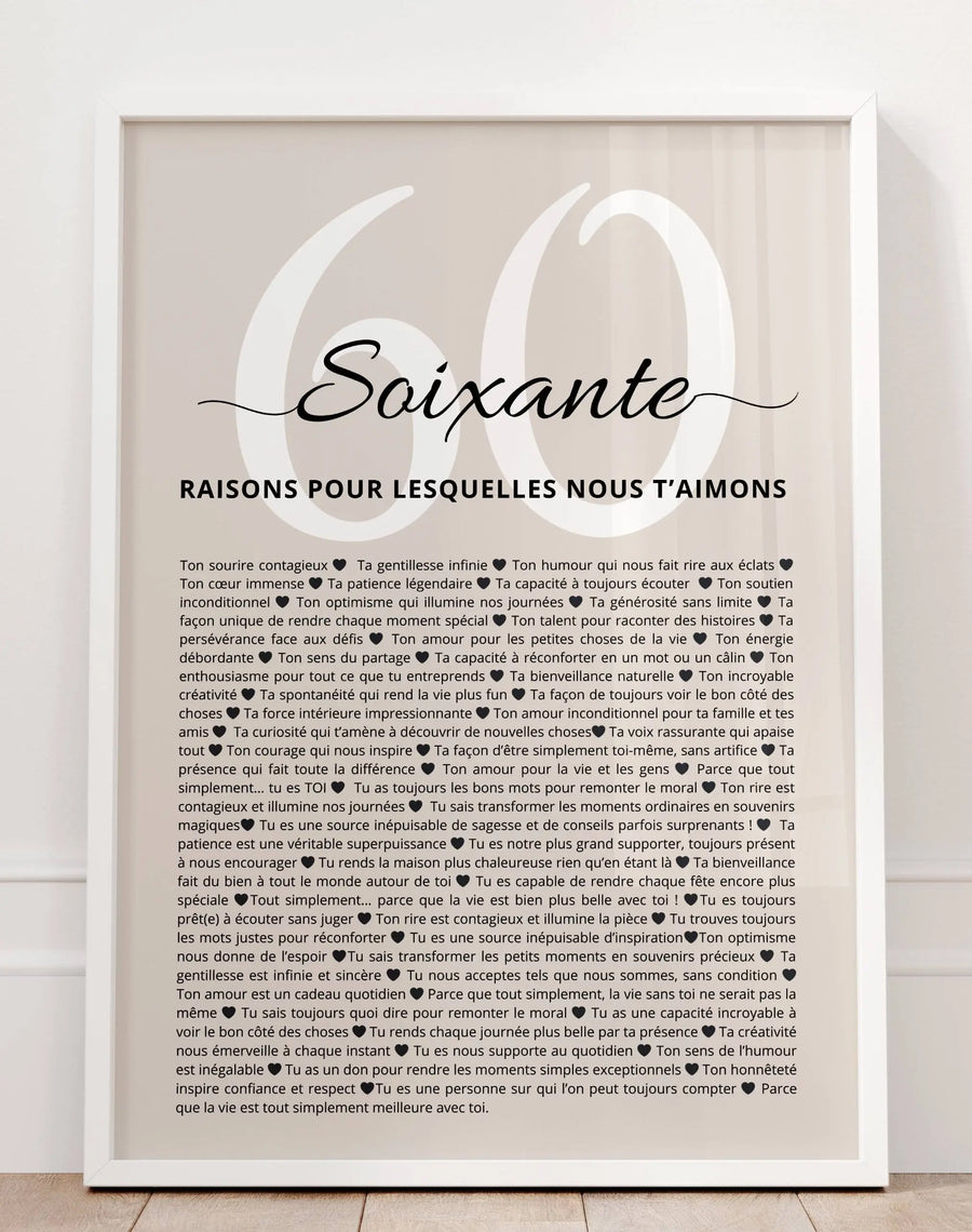 Poster cadeau 60 ans personnalisé – fond greige élégant