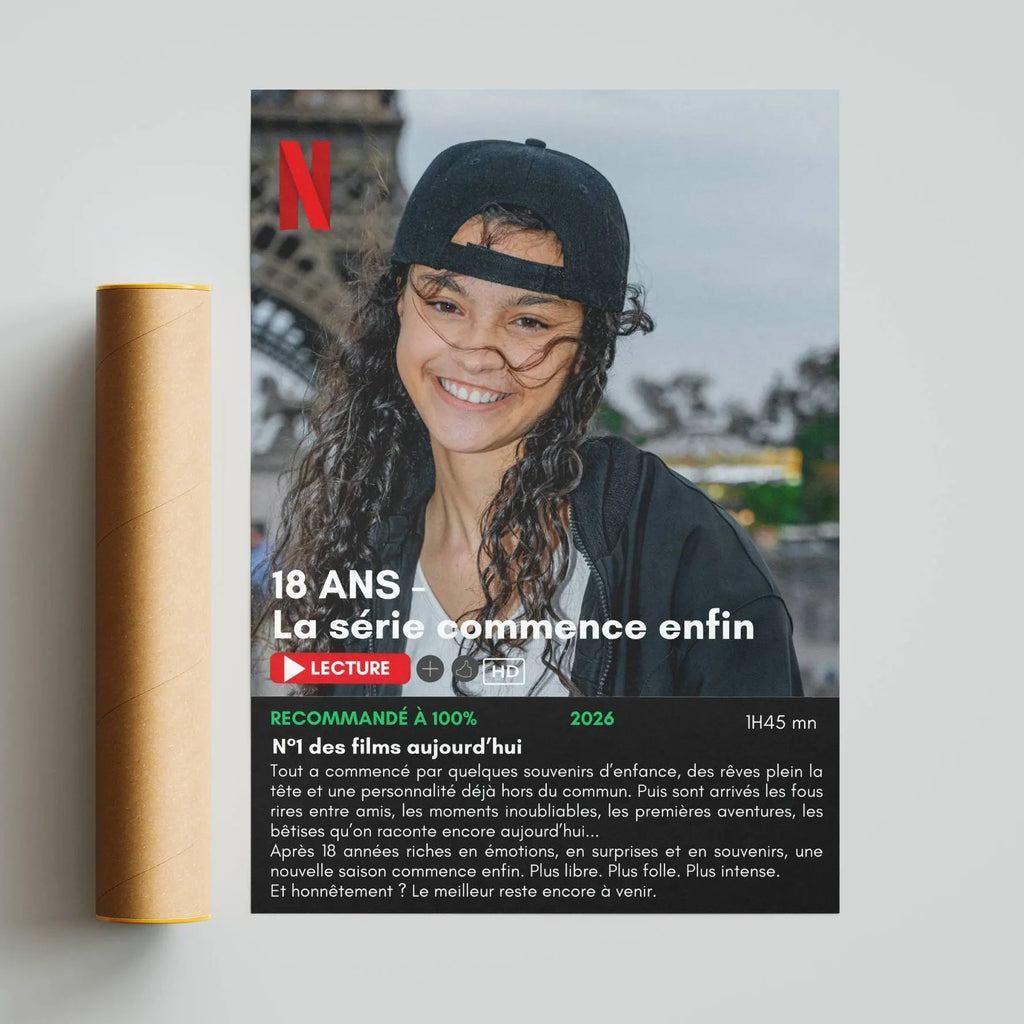 Affiche style film Netflix personnalisée pour jeune femme de 18 ans avec photo et texte souvenir.