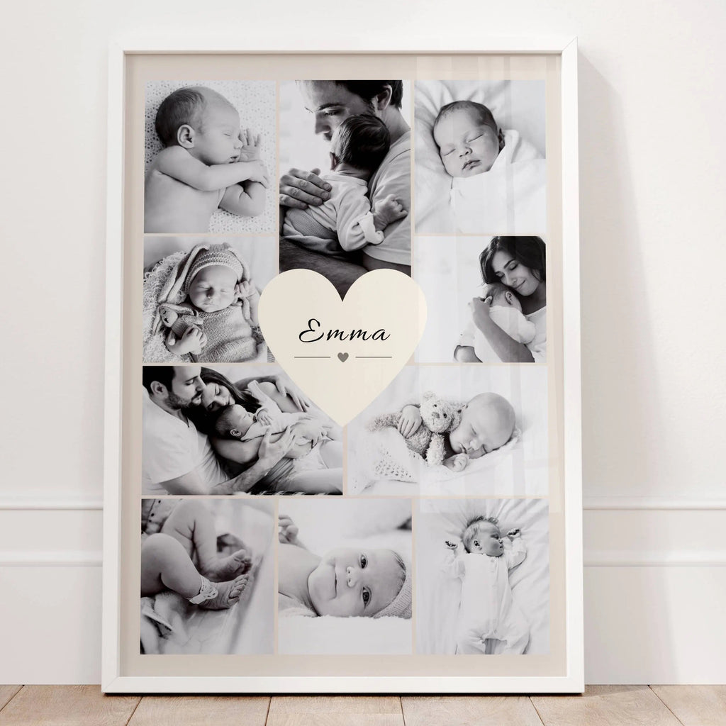 Zoom sur le prénom personnalisé au centre de l'affiche naissance avec photos souvenir de bébé et design doux et moderne