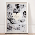 Zoom sur le prénom personnalisé au centre de l'affiche naissance avec photos souvenir de bébé et design doux et moderne