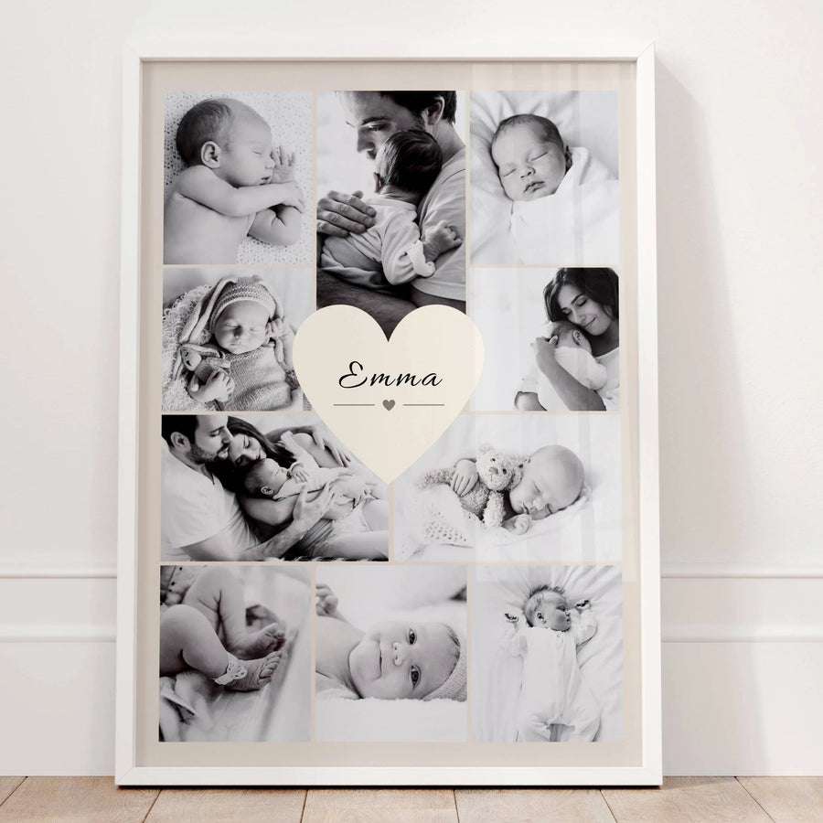 Zoom sur le prénom personnalisé au centre de l'affiche naissance avec photos souvenir de bébé et design doux et moderne